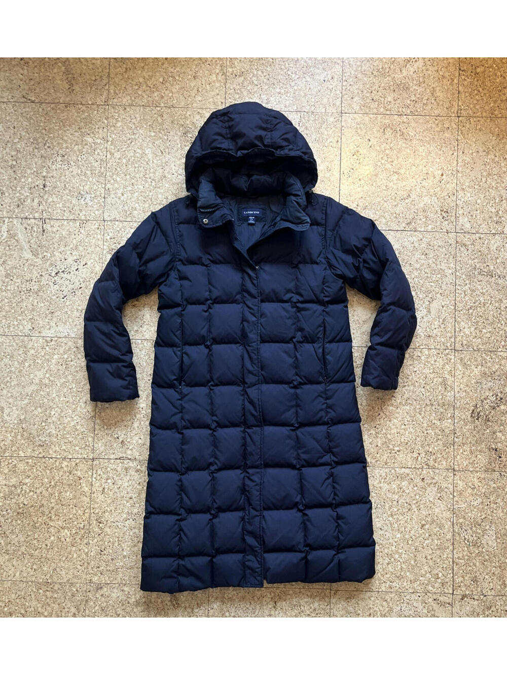 Lands End Long Down Puffer Coat Size Petite XS (2-4) Black Hooded Quilted Jacket